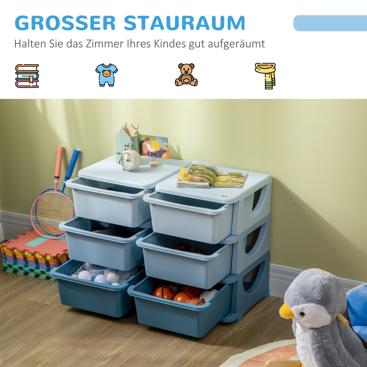 HOMCOM Schubladenschrank für Kinder Aufbewahrungsboxen mit 6 Ebenen Kindermöbel