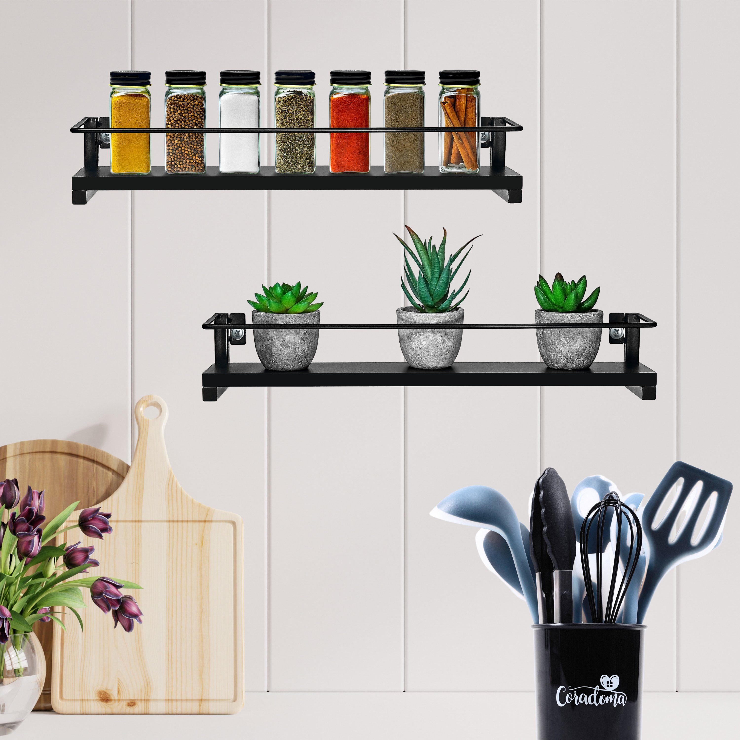 Coradoma Gewürzregal 2er Set für Gewürzgläser Küchen Organizer Gewürzaufbewahrung, Küchenregal Spice Rack 2-tlg., 40x9cm