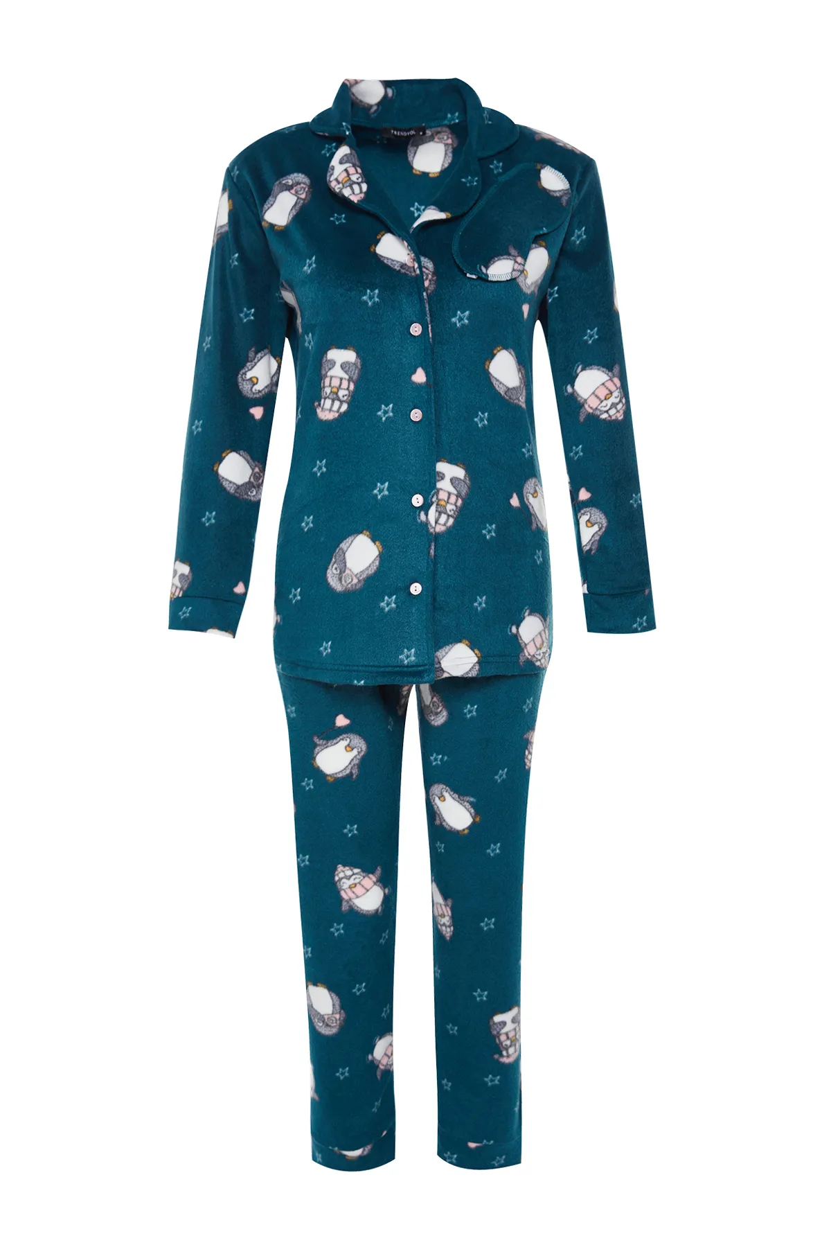 Trendyol Collection  Petrolfarbenes Pyjama-Set aus Strick mit Pinguin-Muster THMAW22PT0356