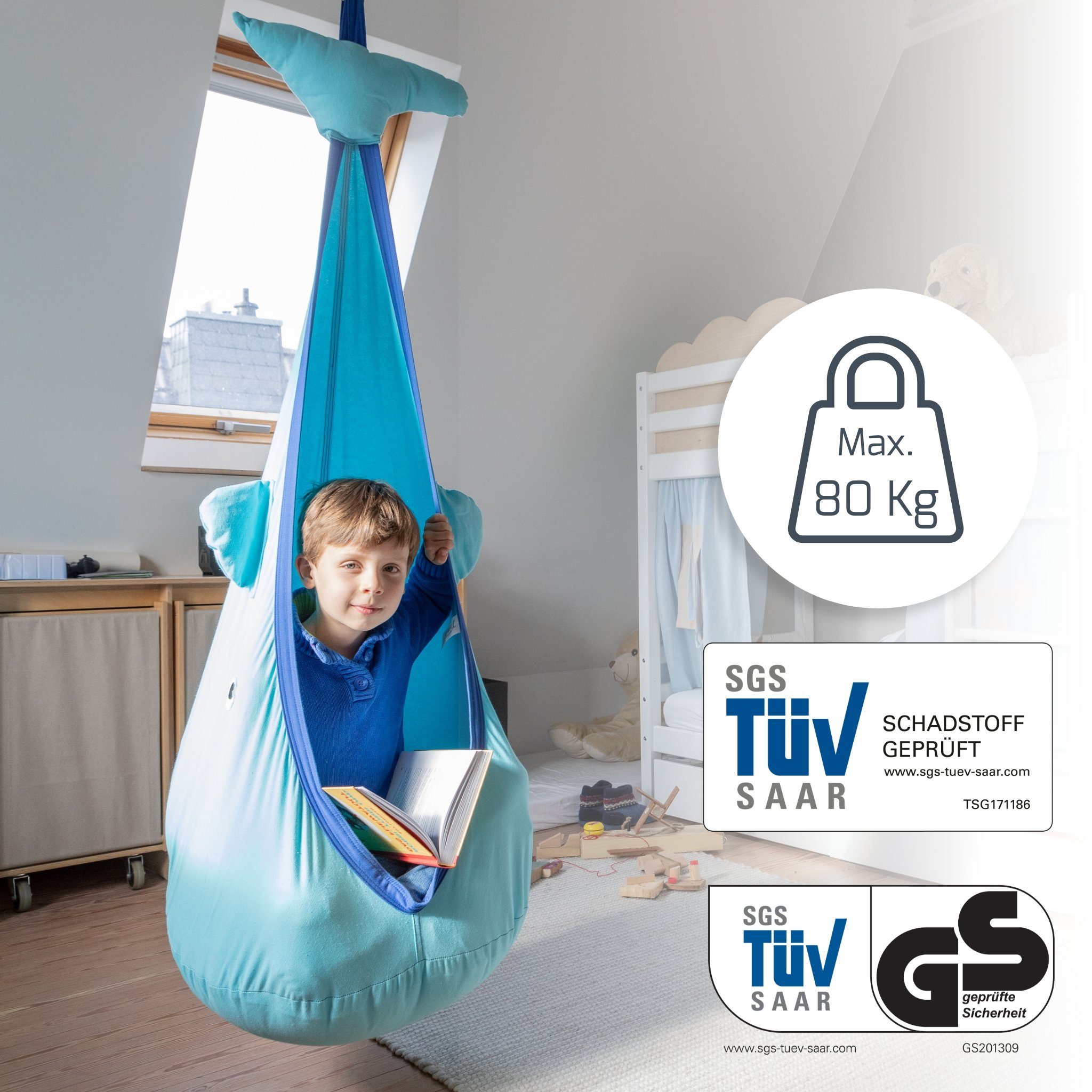snuutje Familiensachen Hängehöhle Hängesessel für Kinderzimmer indoor (2 Sitzkissen), Hängehöhle ab 3 Jahre, Wal, Pinguin, Einhorn, 100% Baumwolle, bis 80kg