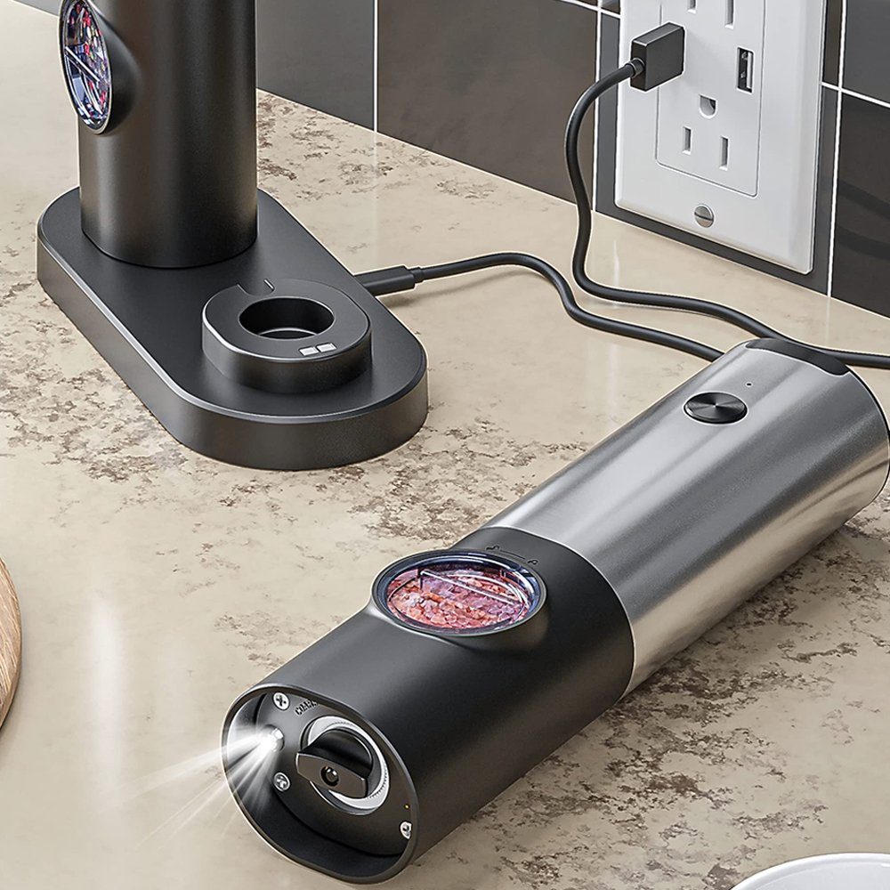 AKKEE Pfeffermühle Salz und Pfeffermühle Elektrisch mit Basis,Wiederaufladbare USB Elektrische Salz und Pfeffermühlen Set, (1 Stück), LED-Licht,Edelstahl-Einhand-Küchenhelfermühle