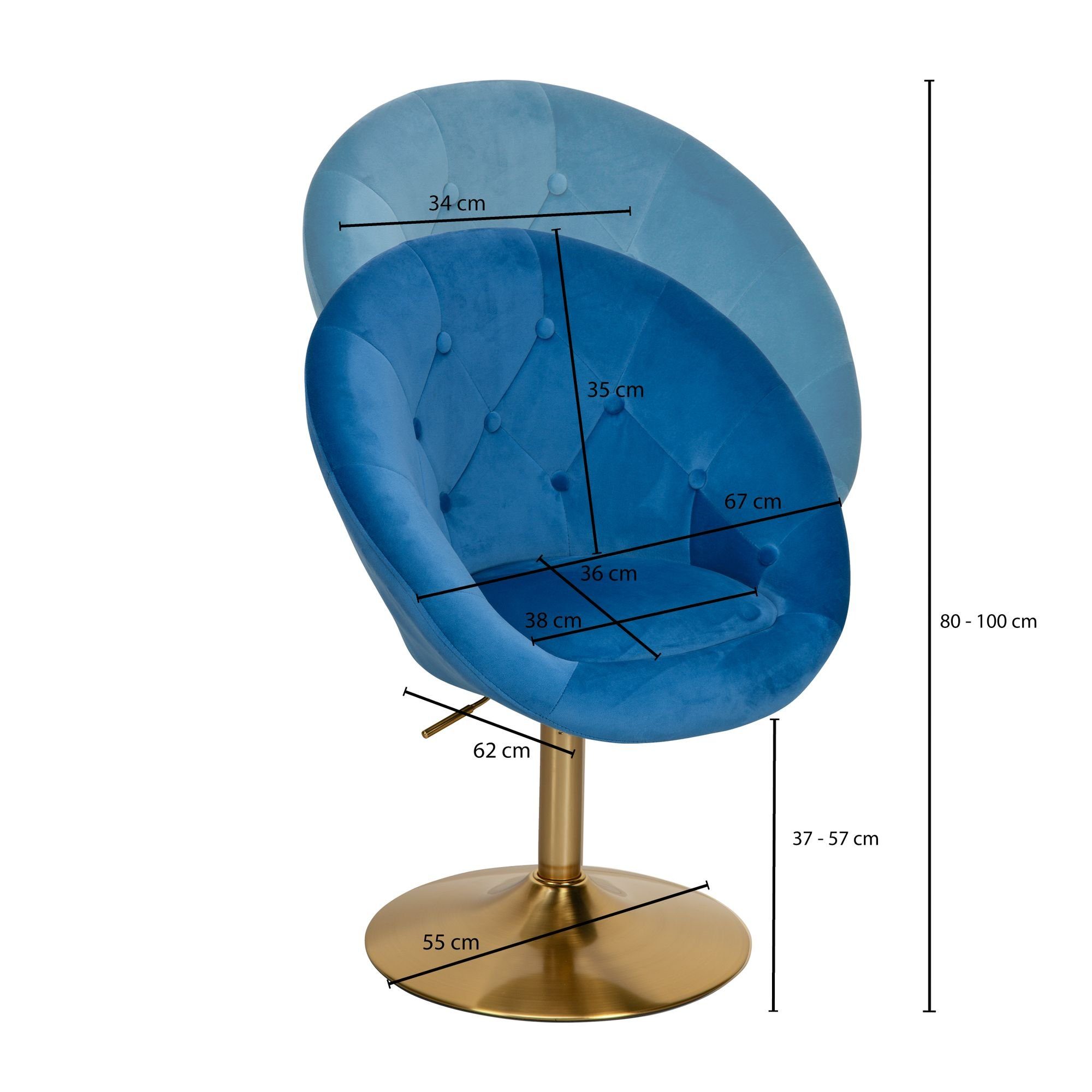 FINEBUY Polsterstuhl FB24204 (Samt Blau / Gold Design Drehstuhl mit Rückenlehne), Clubsessel Lounge, Relaxsessel Loungesessel