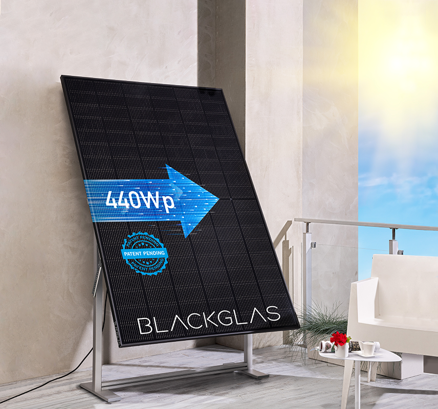 BLACKGLAS SolarScreen ECOmirror-440Wp-FBGG Hochformat, Bifacial, 7-stufig verstellbar, Balkonkraftwerk (BKW)