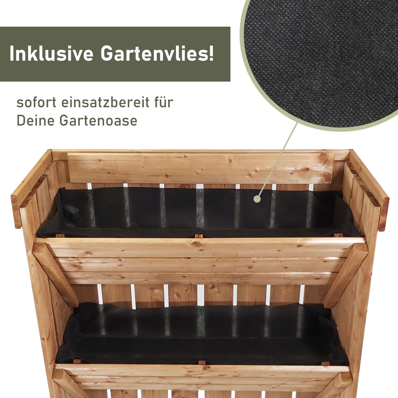 Lemodo Blumentreppe aus Holz, Pflanzregal mit Gartenvlies, Blumenkasten als Sichtschutz