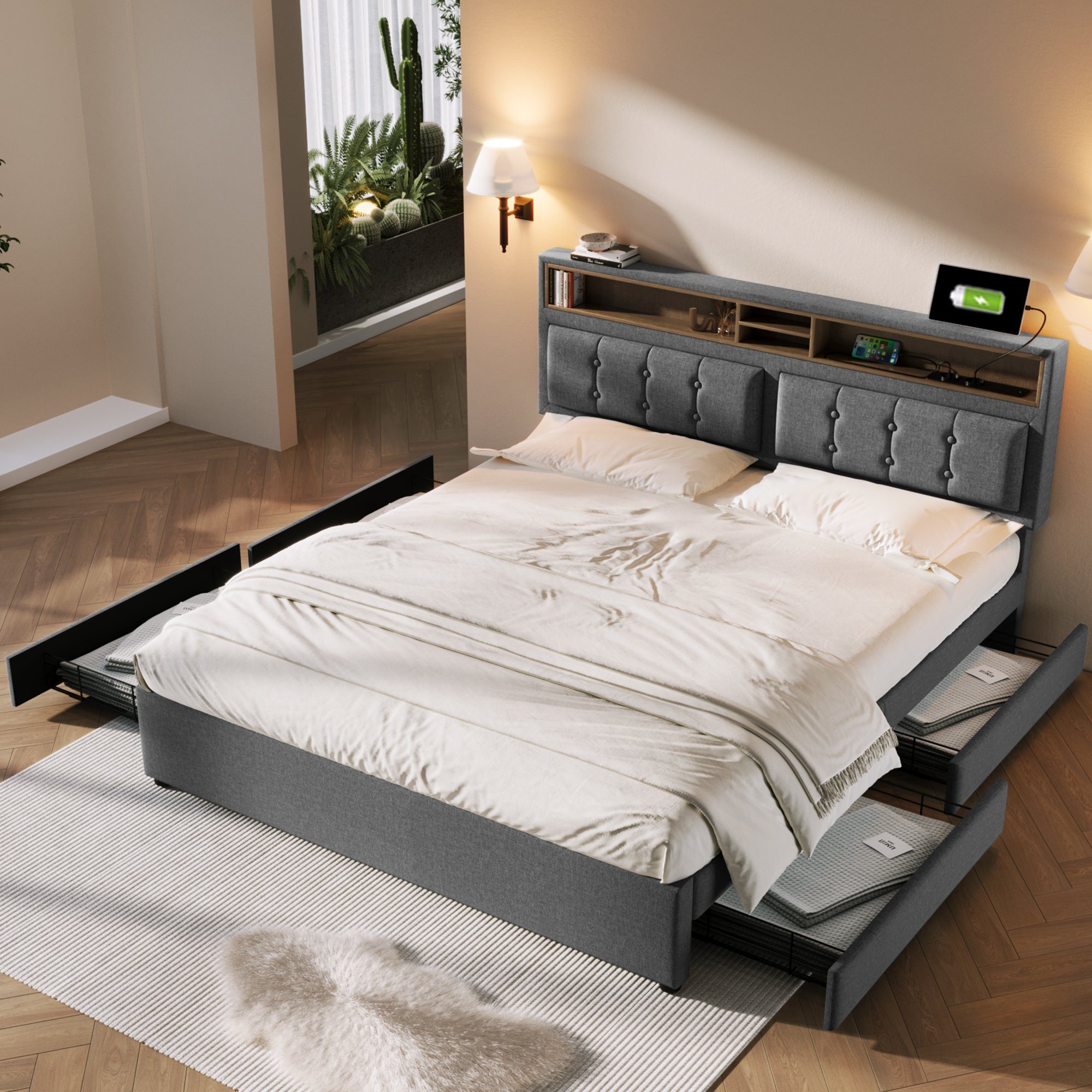 REDOM Polsterbett Doppelbett (mit USB/Typ-C Ladefunktion + 4 Schubladen 140x200cm Leinen), Inklusive Matratze