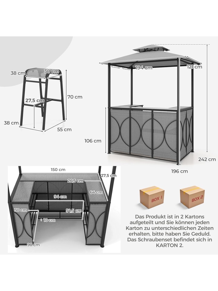 COSTWAY Grillpavillon mit 2 Barhocker in Grau günstig kaufen onesize