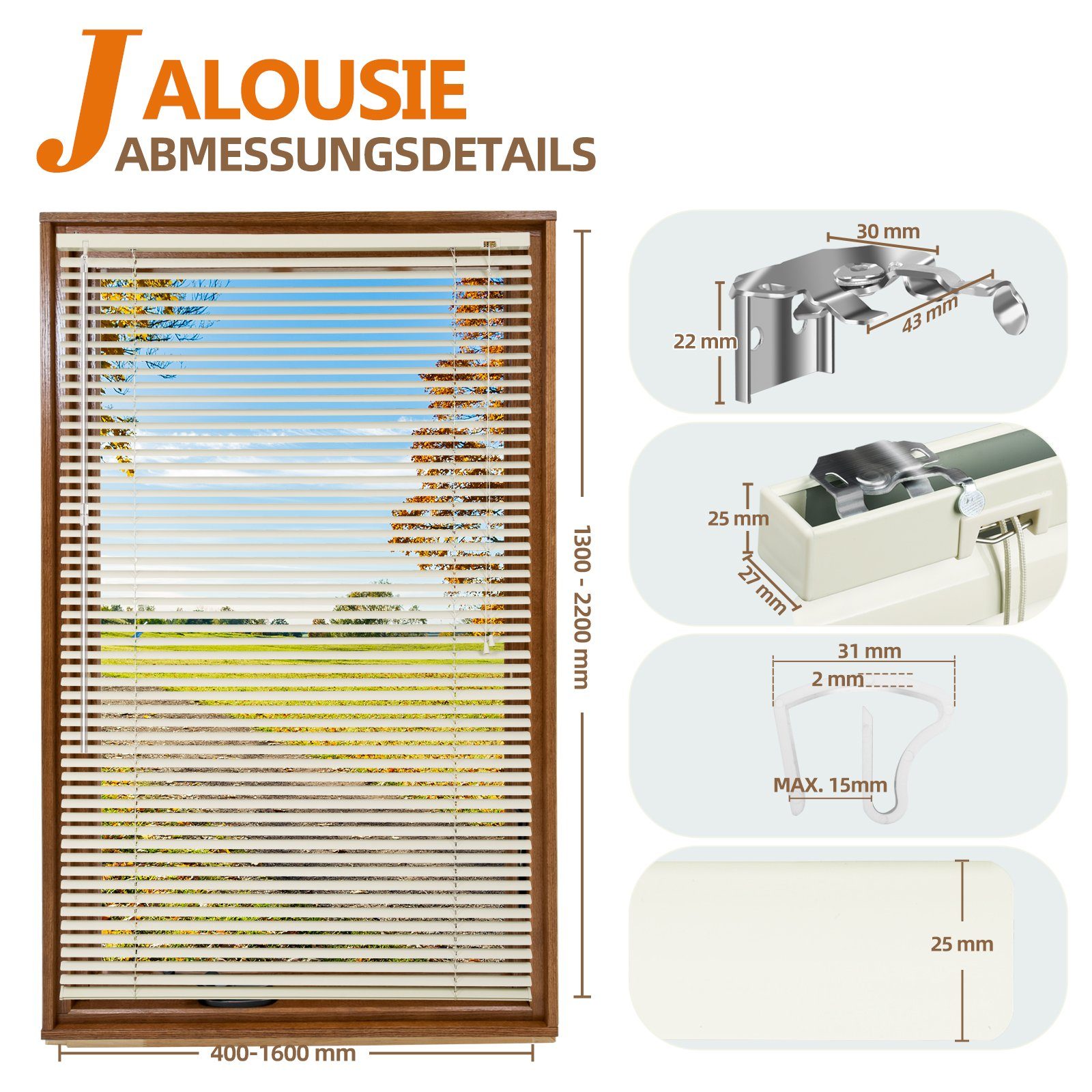 Jalousie Aluminium-Jalousie ohne Bohren, Klemmfix-Jalousie für fenster, Sekey, freihängend, 25mm Alu-Lamellen, mit Bohren, inklusive Montagematerial