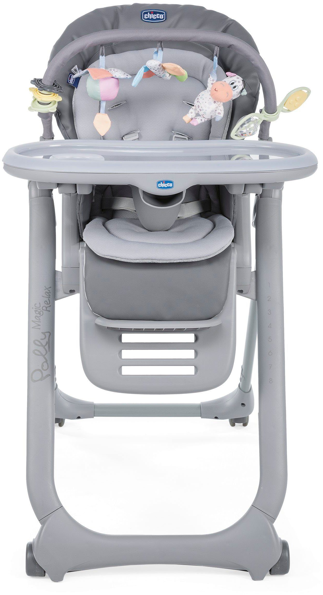 Chicco Hochstuhl Polly Magic Relax, Graphite, mit Spielbogen & Sitzverkleinerer, Made in Europe