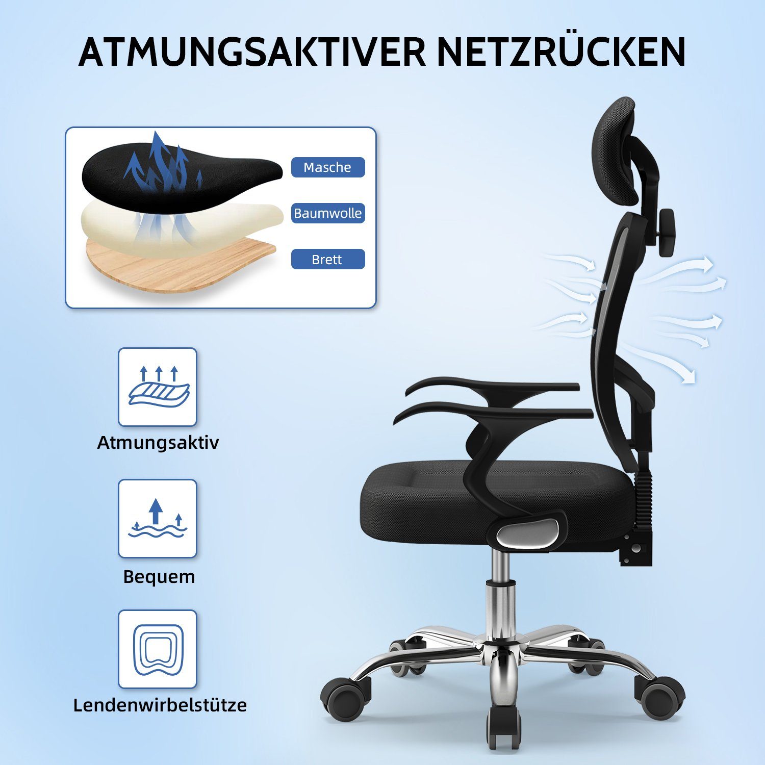 Authmic Bürostuhl Bürostuhl, Drehstuhl, Schreibtischstuhl, Chefsessel, (Bürostuhl ergonomisch mit verstellbarer Armlehnen, Lendenwirbelstutze, Atmungsaktiver Netzstuhl), Wippfunktion von 90° bis 135°, Bürostuhl 150kg