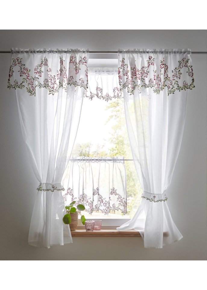 Küchengardinen-Set mit Blumenstickerei (6er Pack)