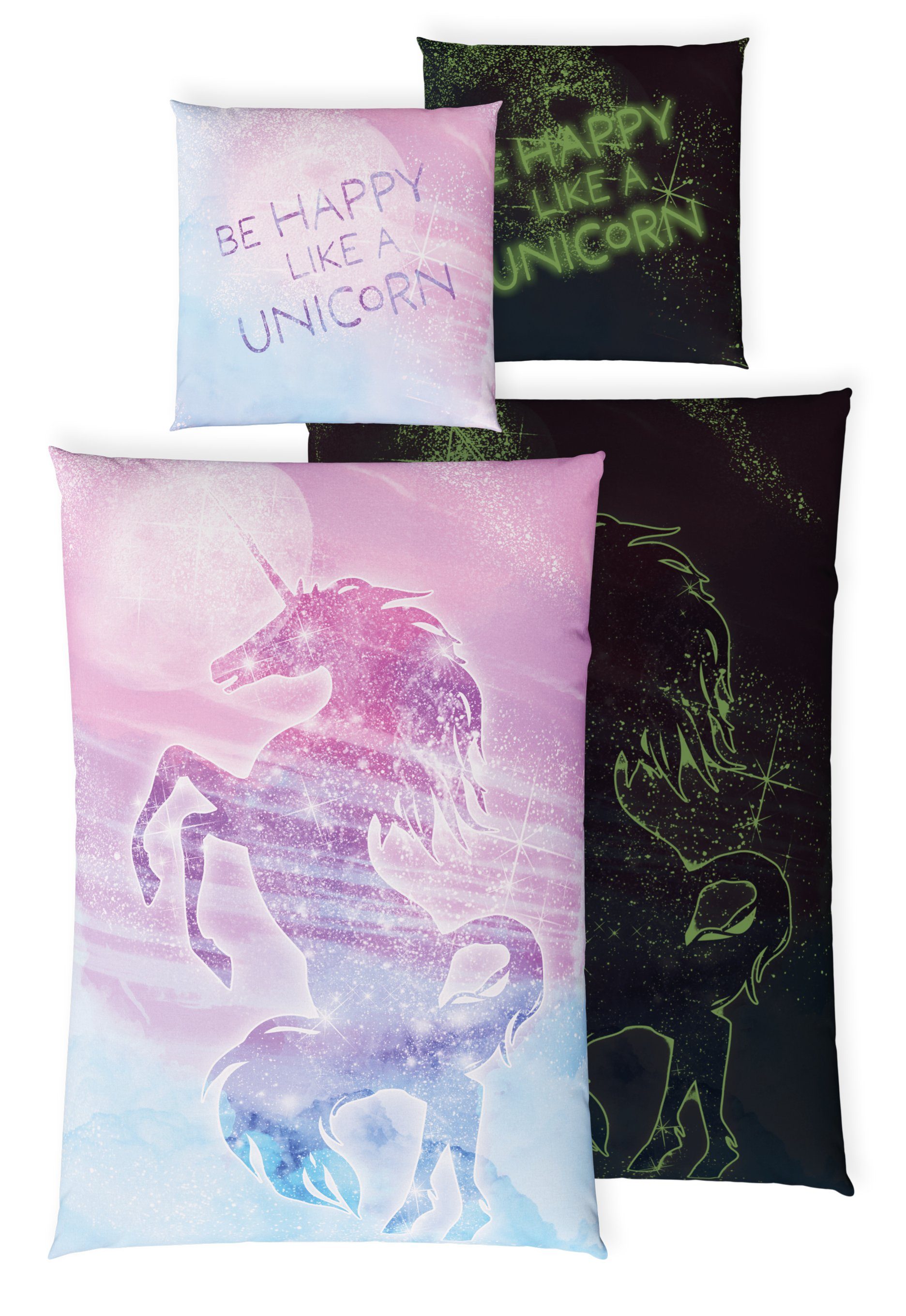 Kinderbettwäsche Leuchtende Bettwäsche 135x200 Unicorn Bettwäsche Kinder + 10 SPIELE, Carpe Sonno, Baumwolle, 2 teilig, GLOW IN THE DARK Einhorn Bettwäsche Mädchen