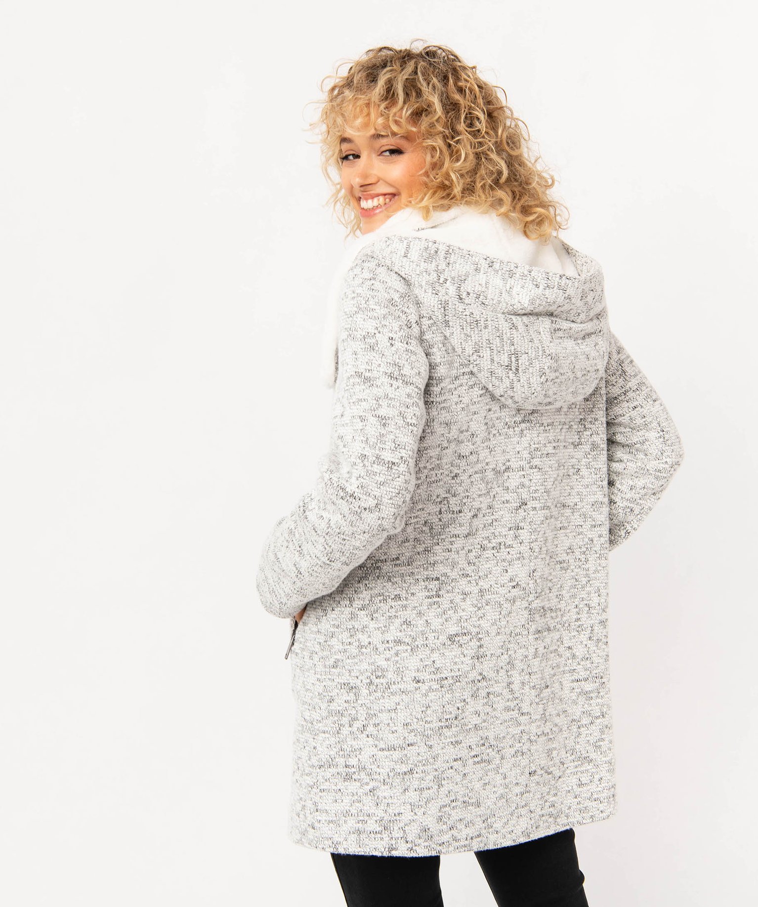 Manteau en maille avec col fourrure imitation femme gris | GEMO