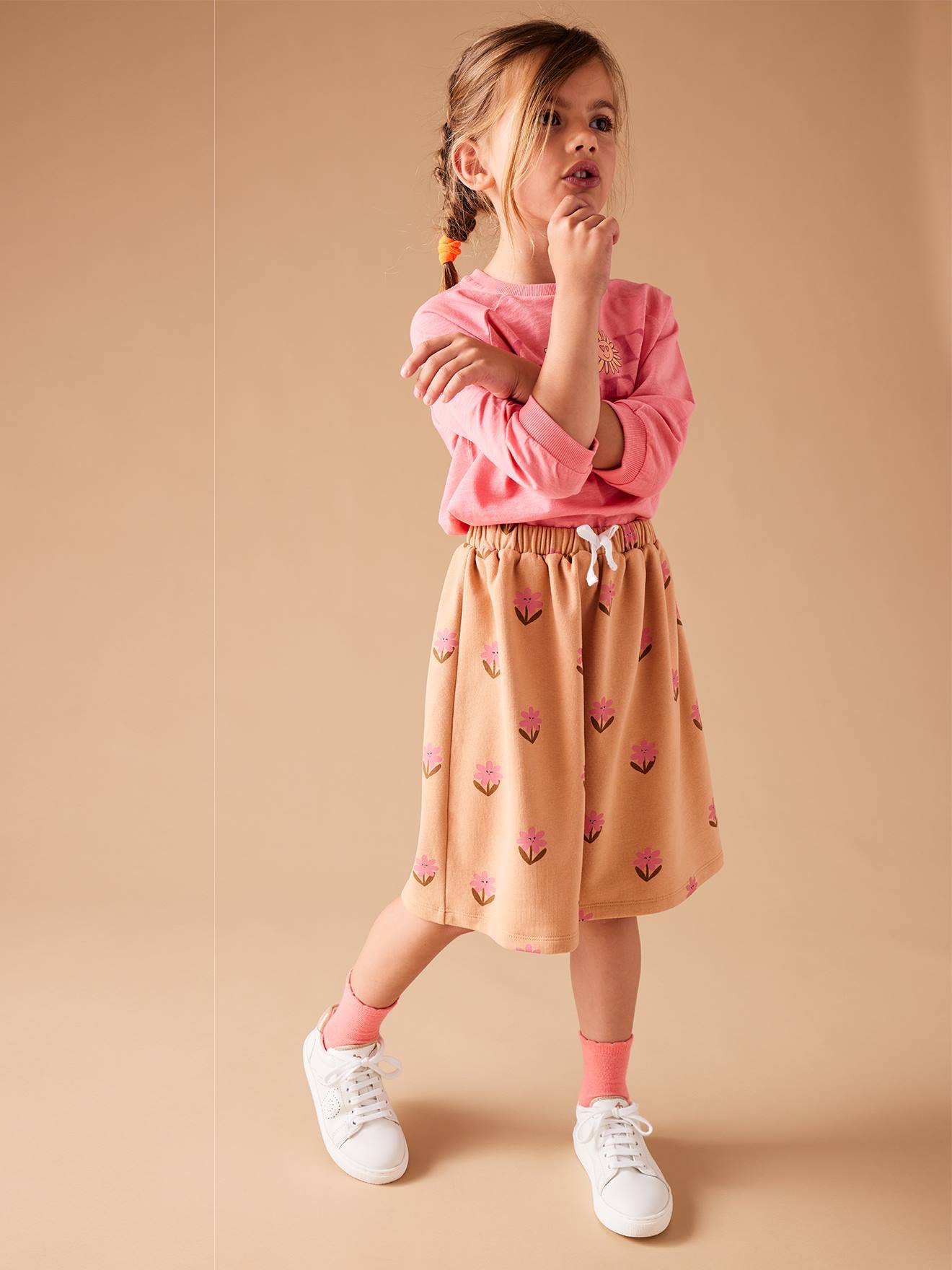 Jupe en molleton mi-longue motifs fleurs fille pêche