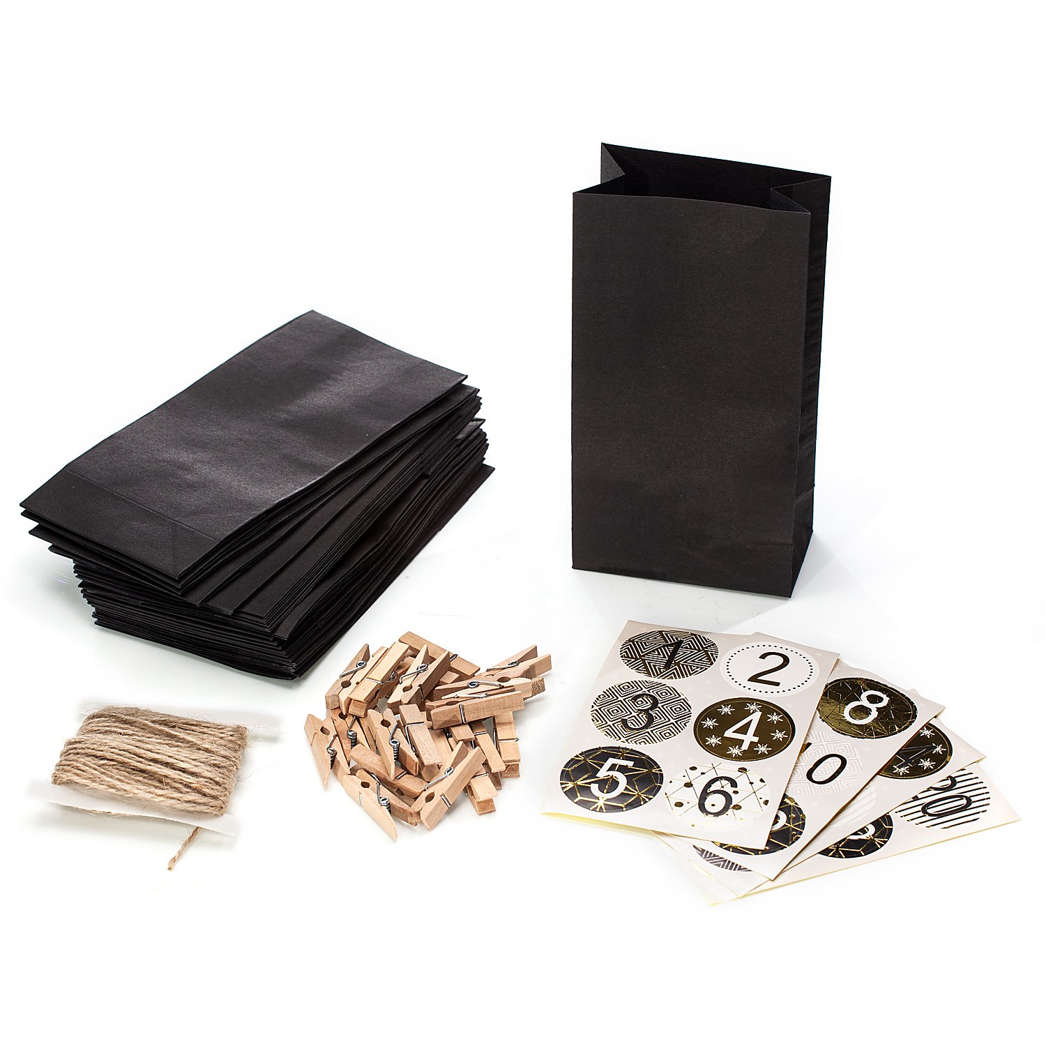 Adventskalendertüten-Set, schwarz-gold, 24 Stück