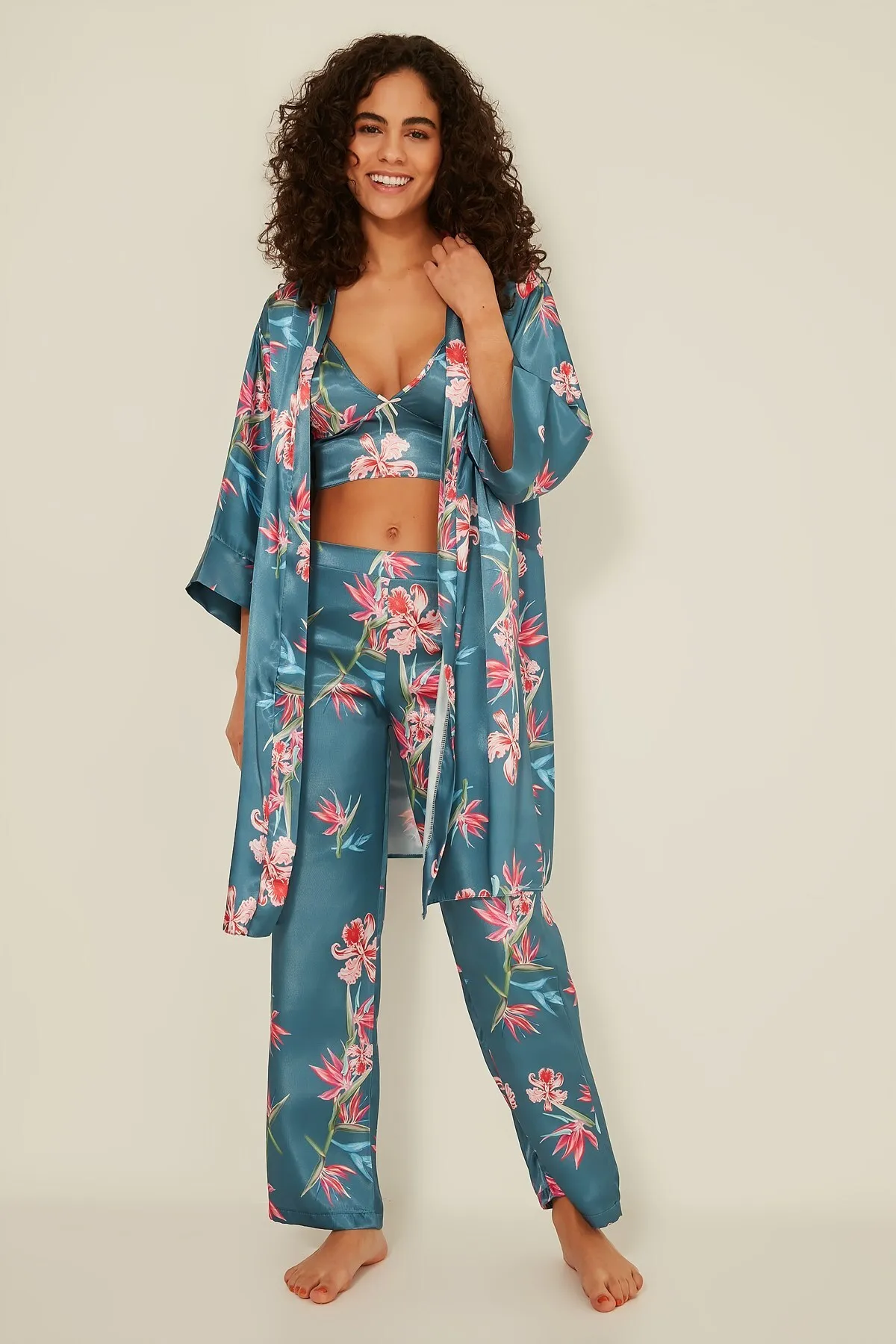 C&City  045 Gemustertes 3-teiliges Satin-Pyjama-Set für Damen, Türkis