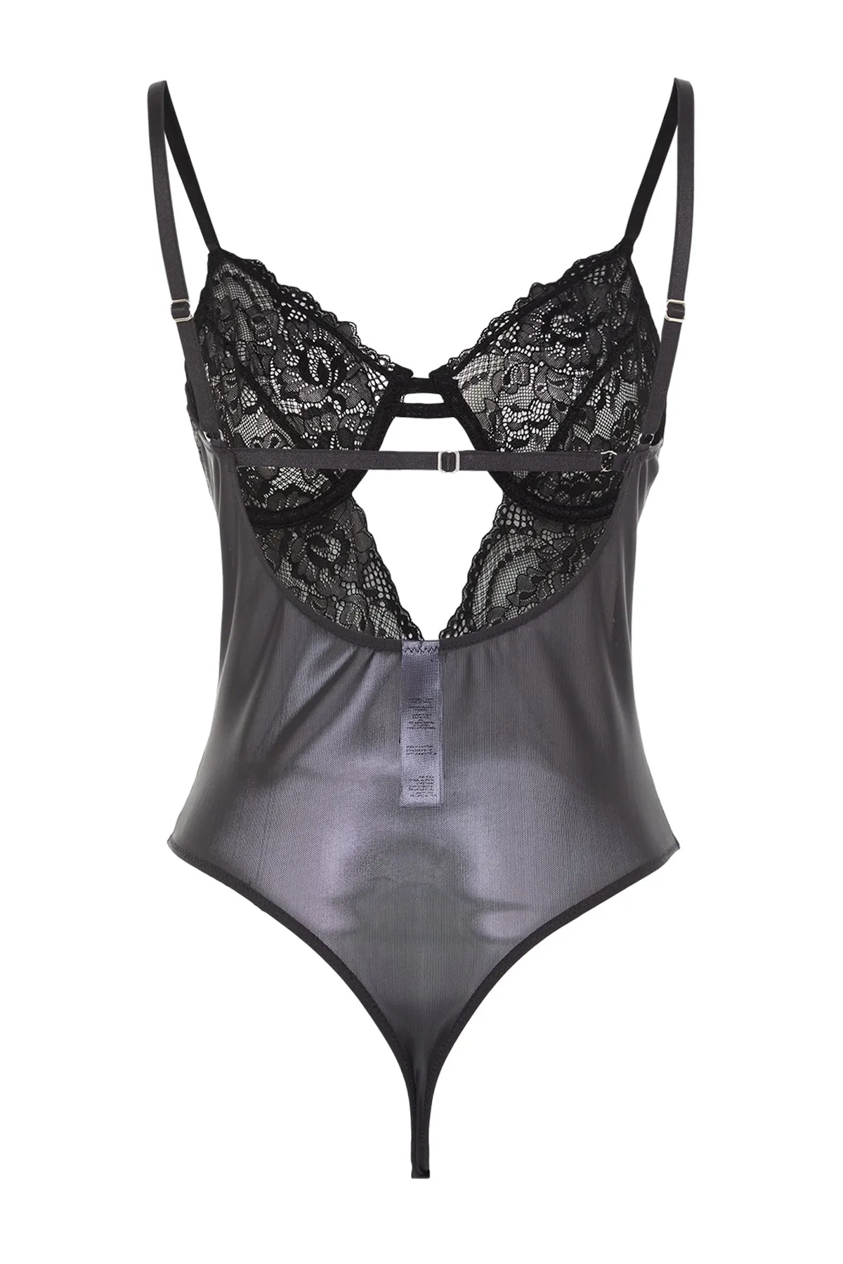 Trendyol Collection  Schwarzer Strickbody mit gerüschtem Fenster/Ausschnitt, Seilriemen und Druckknopf THMAW23BD00011