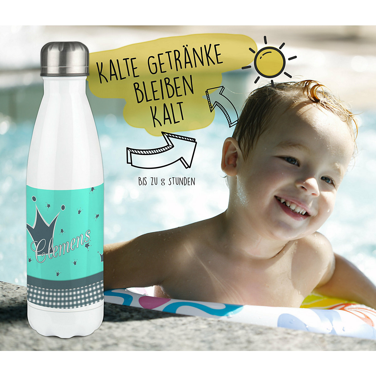 Edelstahl Kinder Thermoflasche / Trinkflasche bunt Krone Farbe türkis grau Spülmaschinenfest, Auslaufsicher, Bruchfest, Doppelwandig, Für Heißgetränke geeignet, Mit Deckel, Isoliert