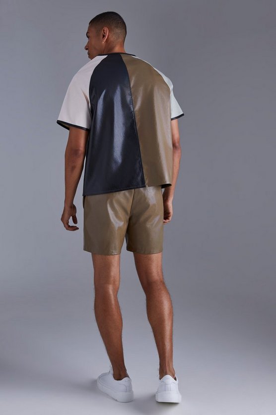 Kragenloses kurzärmliges kastiges PU-Hemd & Shorts