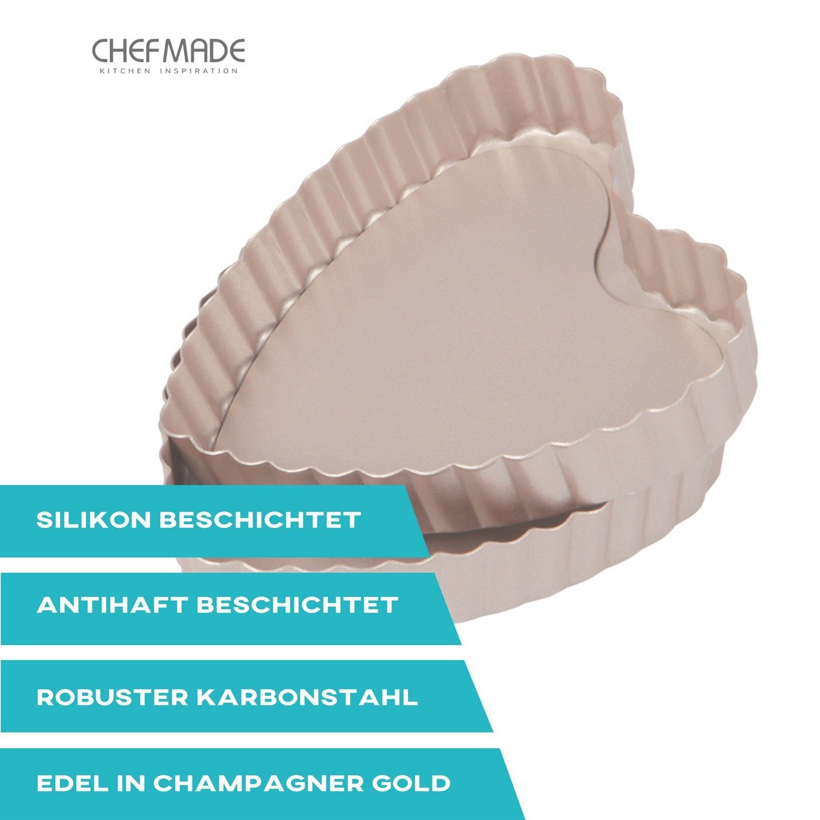 Chefmade Herzkuchenform Backform, (CHEFMADE, Mini Tarteformen Herz, 105x102x20mm, Champagnergold, antihaft- & silikonbeschichtet, Dessertförmchen, Quicheform, Minikuchenform, Liebeskuchen, Hebebodenform, Karbonstahl 1-tlg), Tarteform mit Hebeboden -