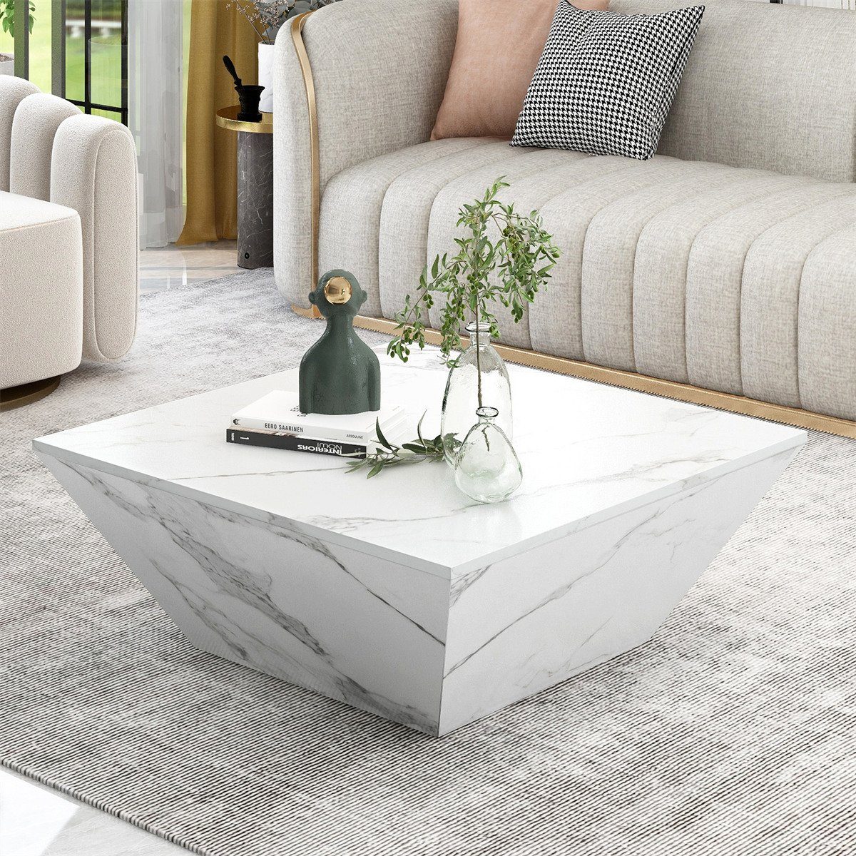 XDeer Couchtisch Moderner Trommel Couchtisch(weiß,70*70*37cm)Wohnzimmertisch, Trapezförmiger Kaffeetisch,Marmorfurnier Beistelltisch
