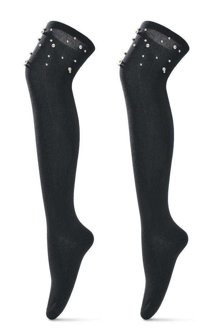 Lycille Overknees elegante Overknees-Strümpfe aus Baumwolle mit Glitzer 36/41 (1 Paar) schwarz mit Kunst-Perlen