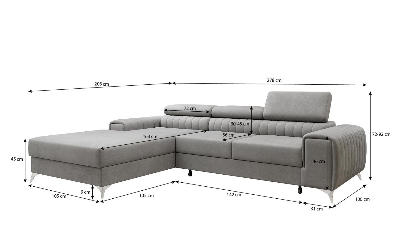 Luxusbetten24 Ecksofa Melinda, mit Schlaffunktion und Stauraum