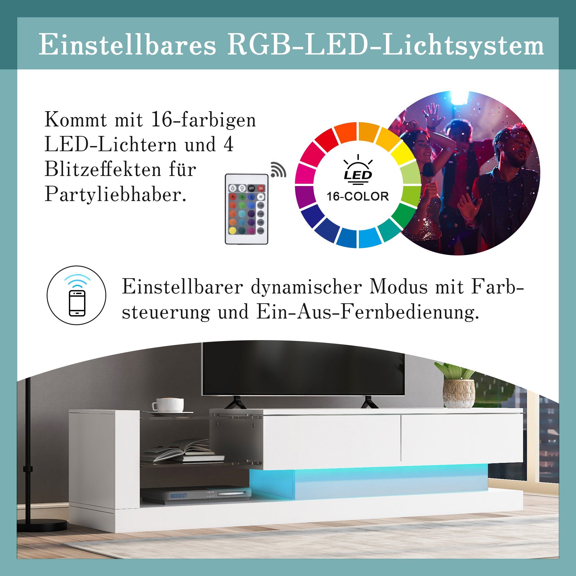 Merax Lowboard mit Glasablagen und LED-Beleuchtung, TV-Schrank hochglanz mit Klapptüren, Fernsehtisch, TV-Board, Breite:140cm