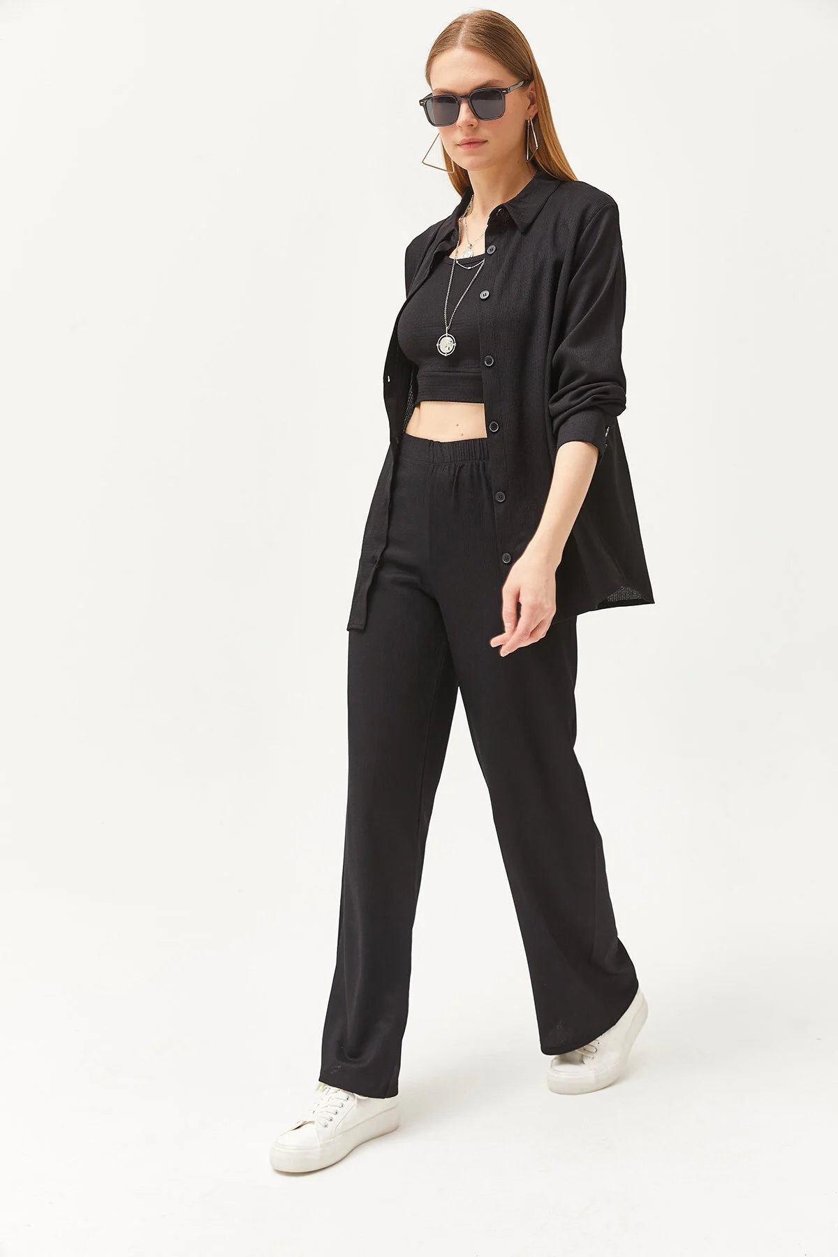 Olalook  Damen Schwarzes Hemd Bluse Hose 3-teiliges Set TKM-19000270