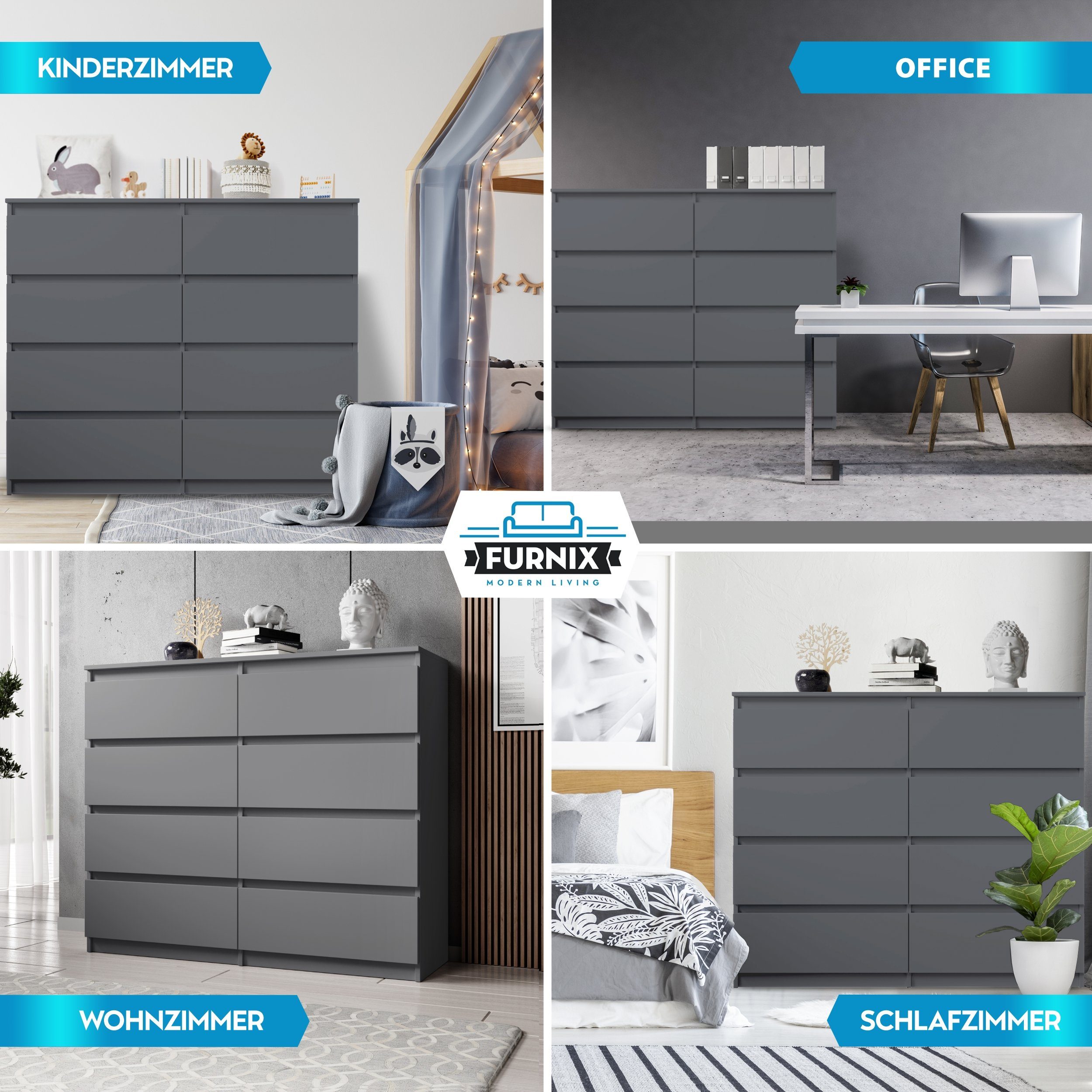 Furnix Hochkommode ARENAL multifunktional viel Stauraum, mit 8 Schubladen, B119,8 x H98,5 x T35 cm
