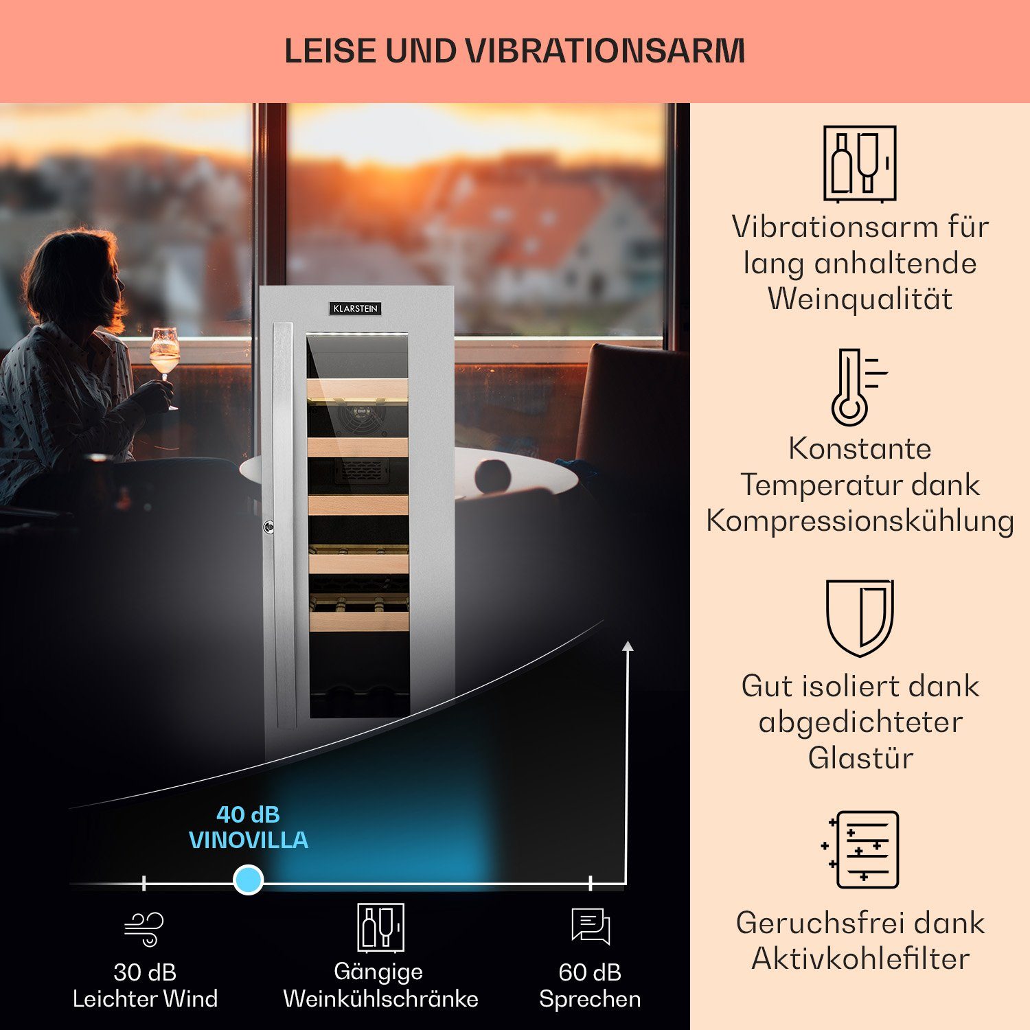 Klarstein Weinkühlschrank Vinovilla Smart, für 20 Standardflaschen á 0,75l,Wein Flaschenkühlschrank Weintemperierschrank Weinschrank Kühlschrank