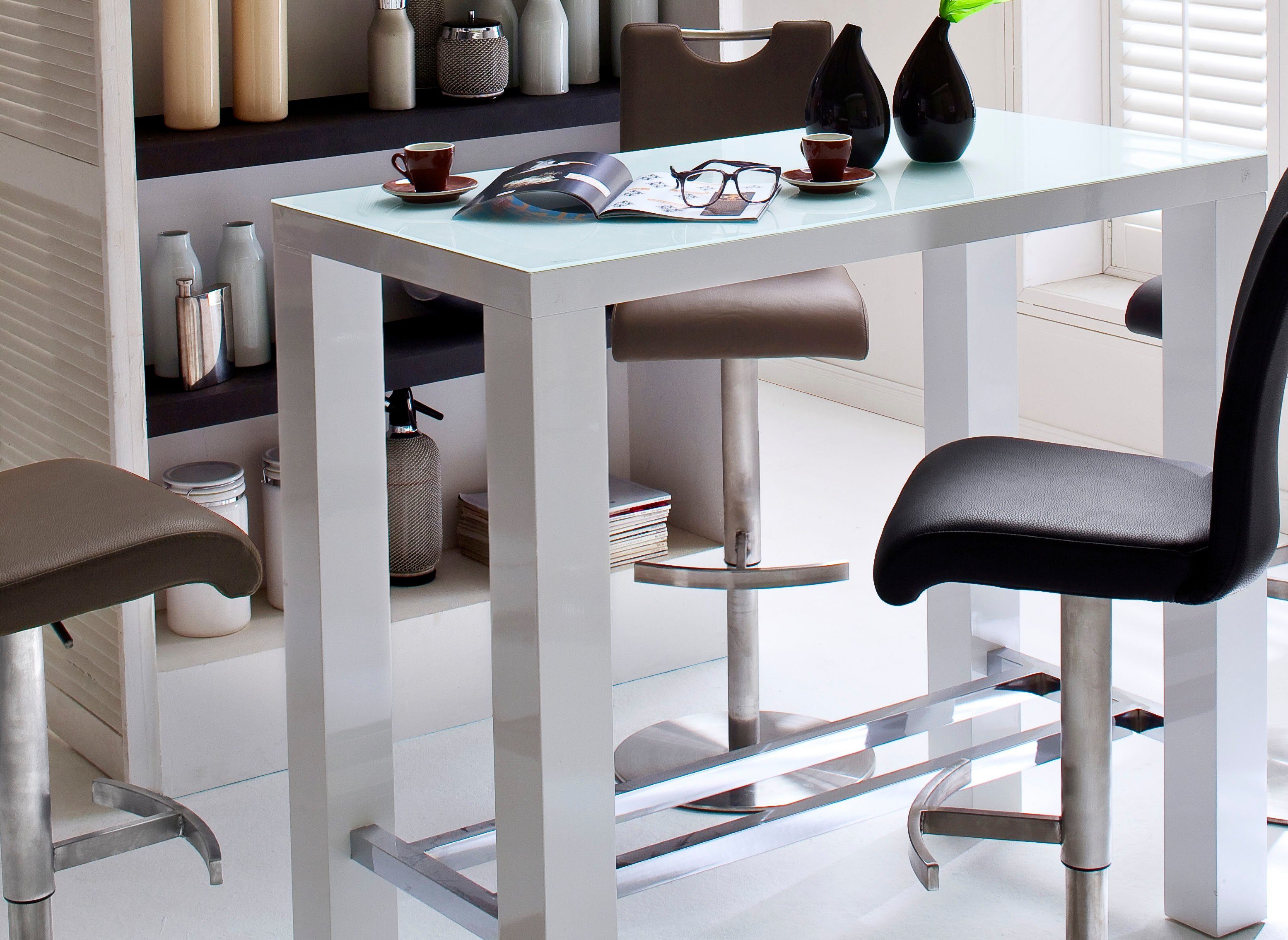 MCA furniture Bartisch Jam, Bartisch weiß hochglanz, Küchentisch, Stehtisch mit Sicherheitsglas