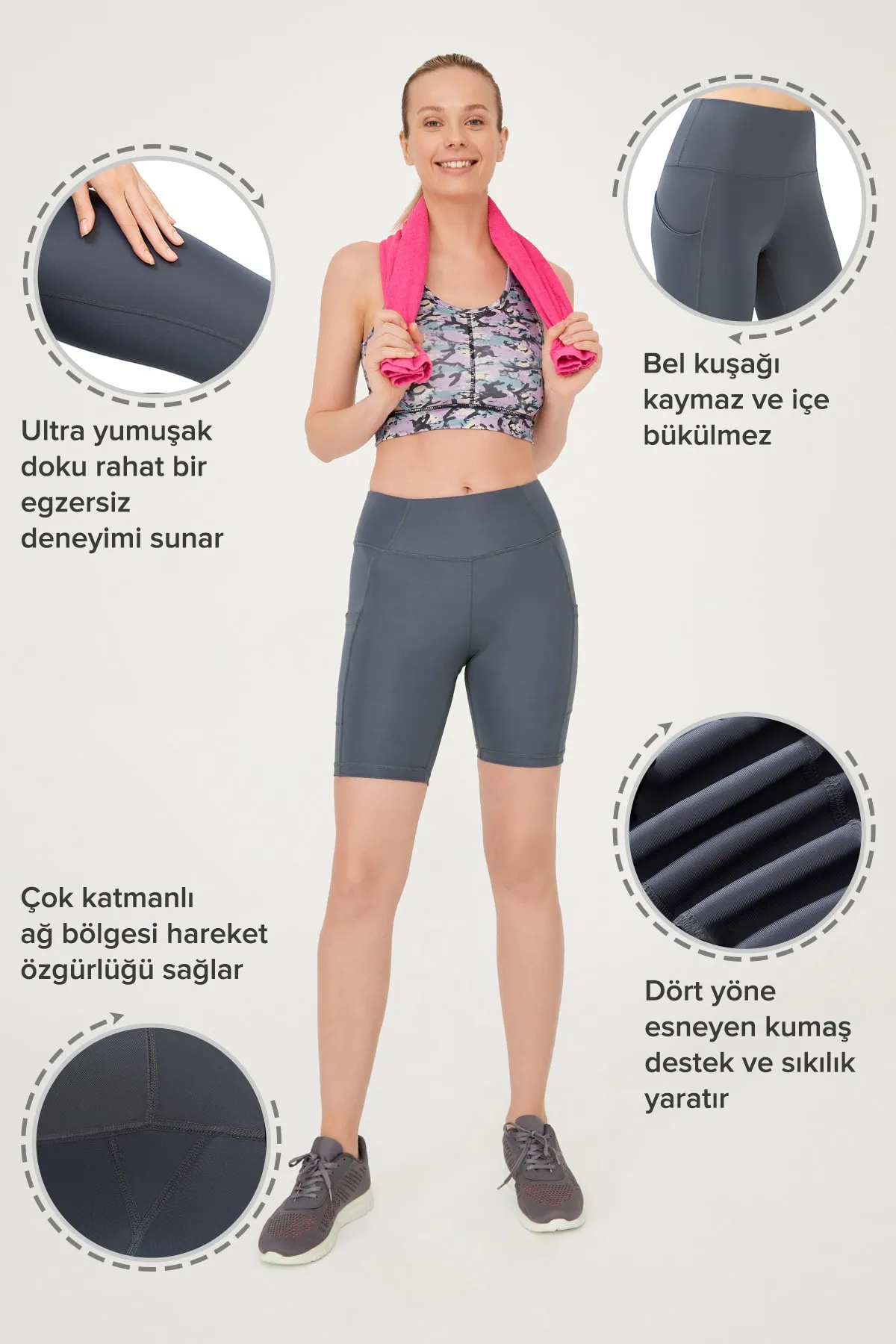 LOS OJOS  Anthrazitfarbene, glättende Biker-Shorts mit doppelter Tasche und hoher Taille, kurze Sport-Tights
