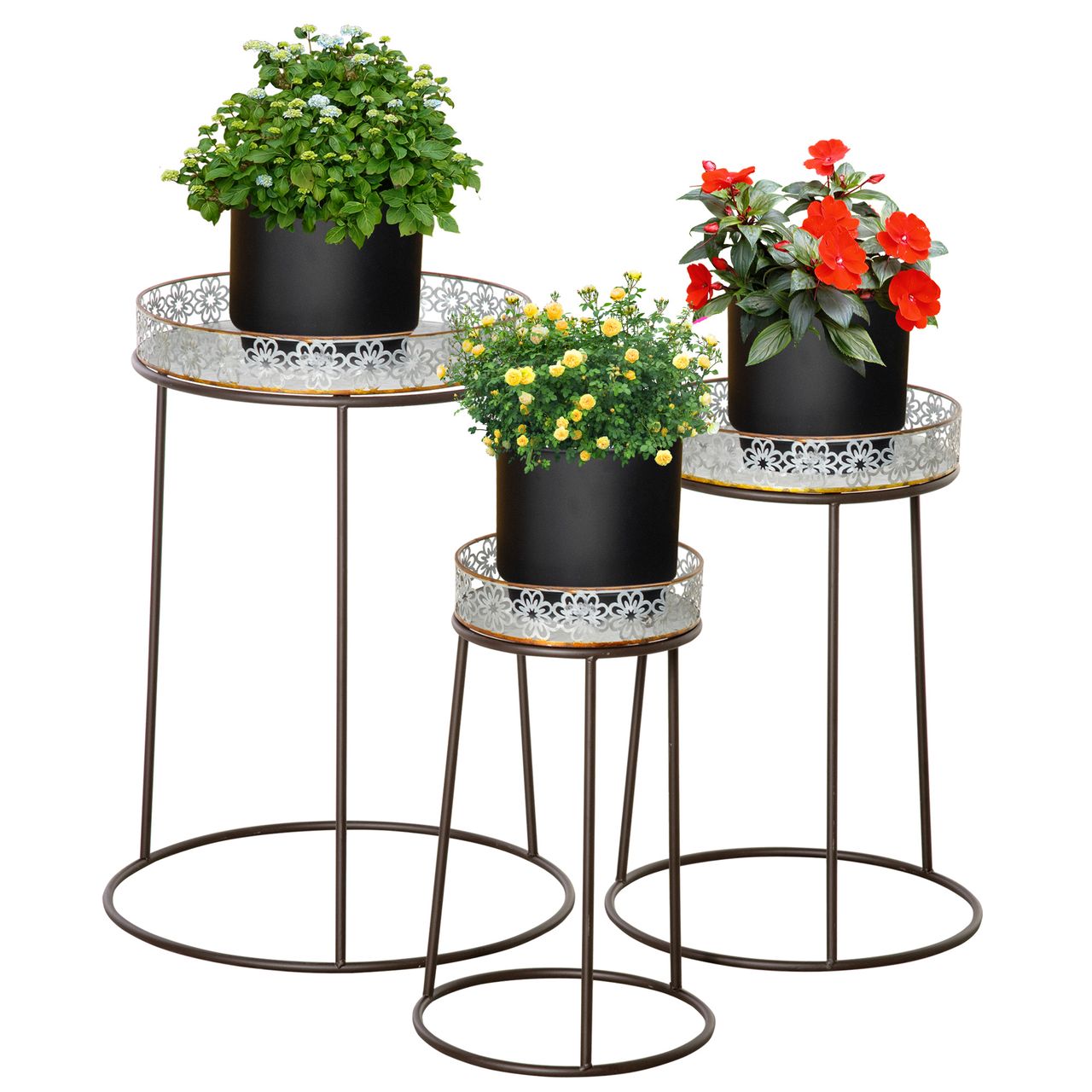 Outsunny Blumenständer 3er Set aus Metall Pflanzenständer Set Blumenhocker Blumentopfhalter Pflanzenhocker für Blumentopf Stapelbar Kaffee Silber