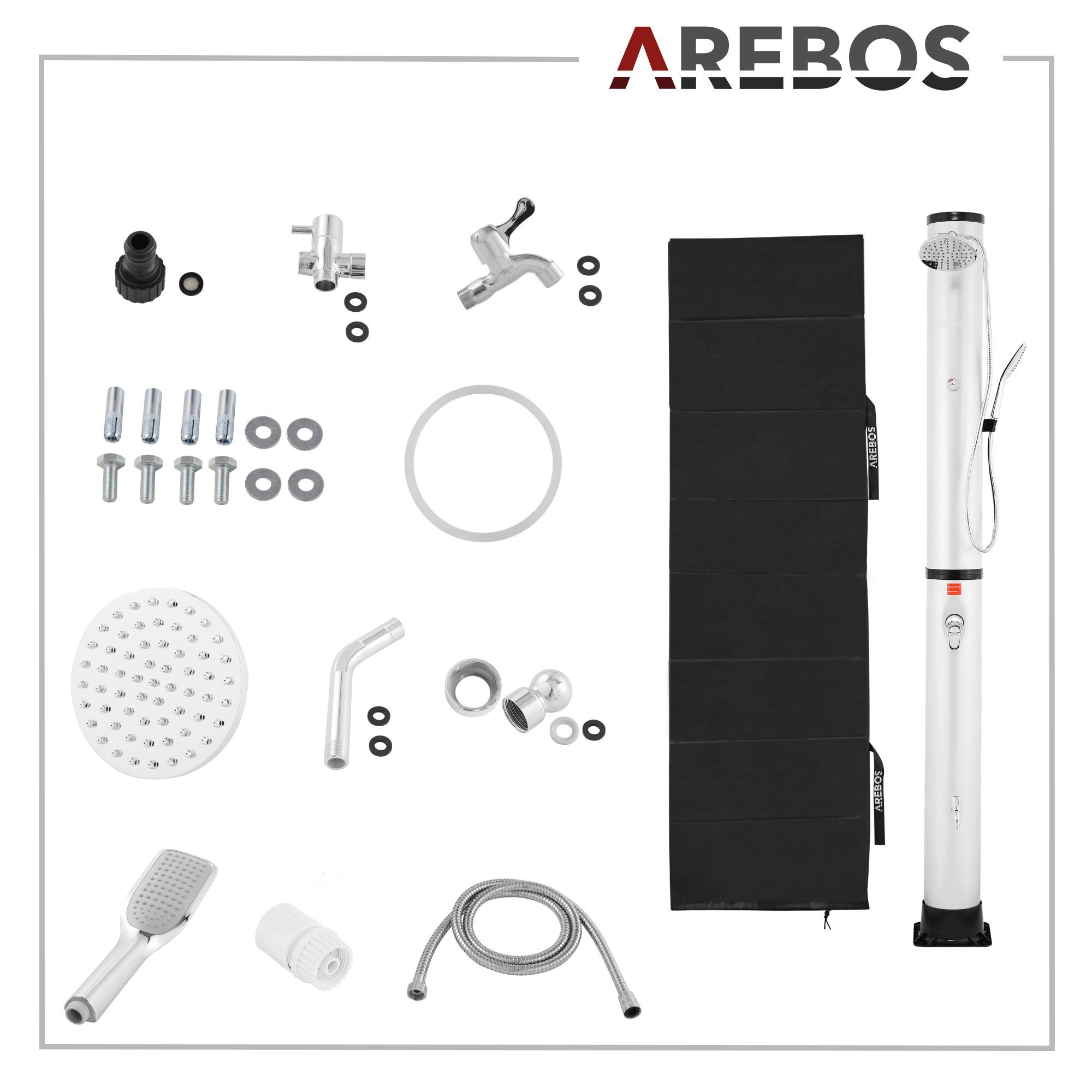 Arebos Solardusche 40 L, inkl. Abdeckhaube, mit integriertem Thermometer (Silber, Stück)