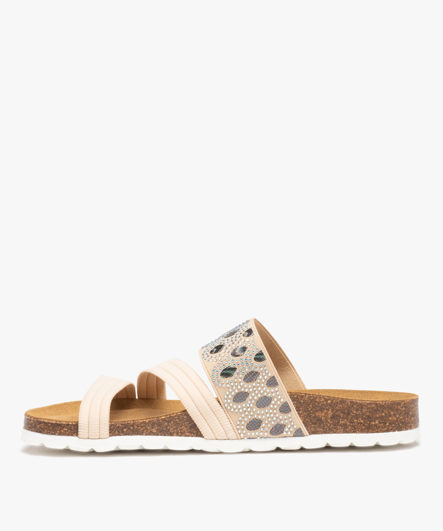 Mules femme à talon plat avec brides élastiques fantaisie beige | GEMO