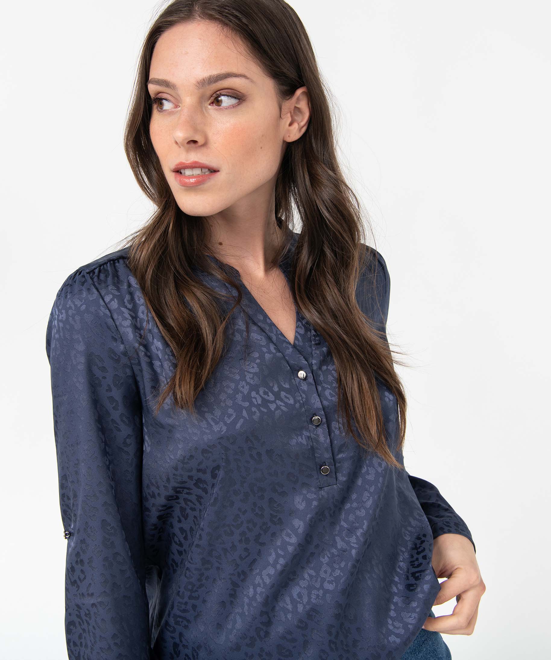 Blouse femme satinée avec manches retroussables bleu | GEMO