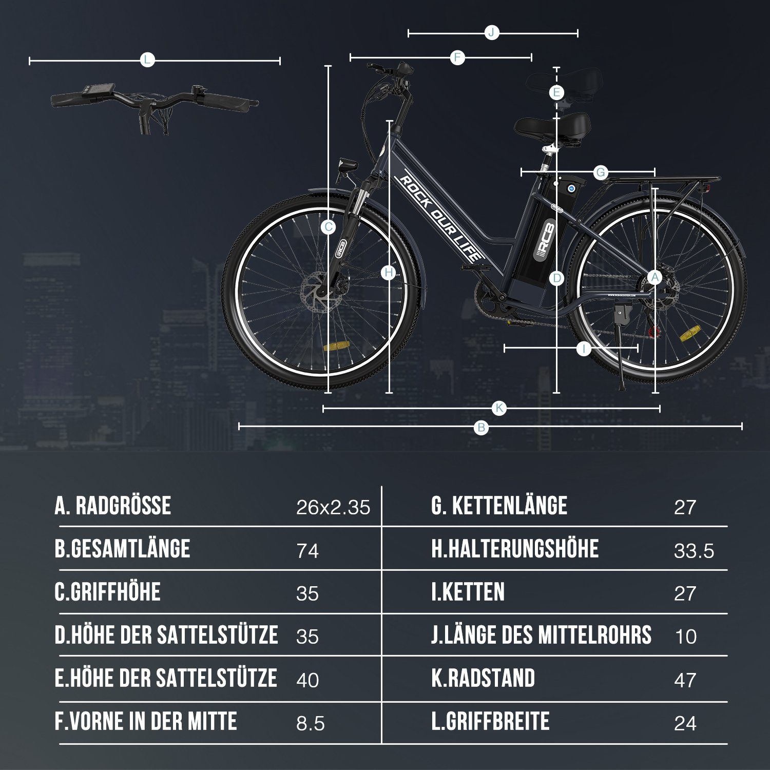 RCB E-Bike 26 Zoll Elektrofahrrad 36V 12AH, 250W Cityräder für Damen Herren, 7 Gang SHIMANO, Heckmotor