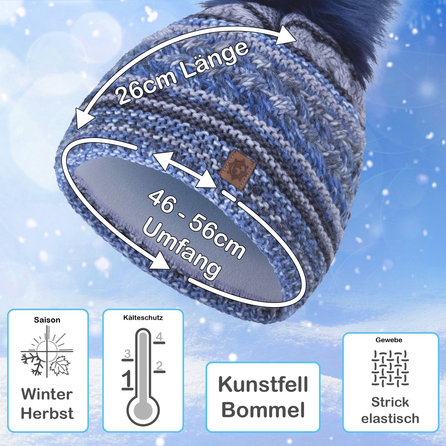 compagno Bommelmütze (1-St) Wintermütze Strickmütze Damen Winter gefüttert Beanie