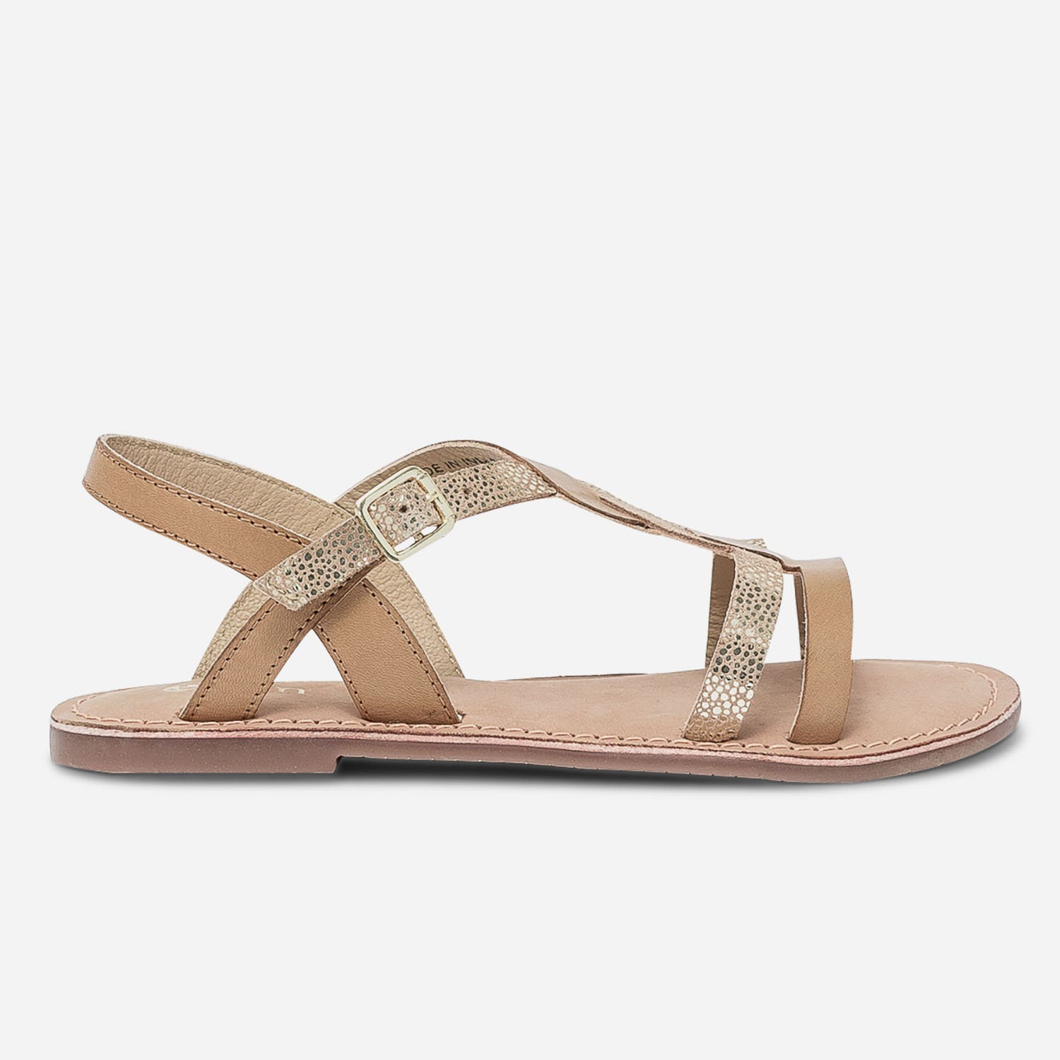 Sandale camel en cuir lisse et imprimé