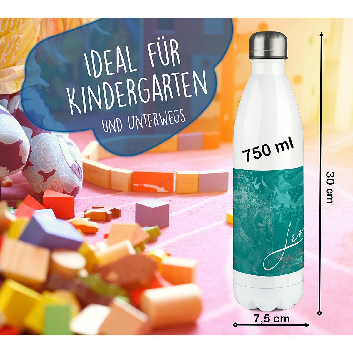 Edelstahl Kinder Thermoflasche / Trinkflasche bunt Traum Farbe petrol Spülmaschinenfest, Auslaufsicher, Bruchfest, Doppelwandig, Für Heißgetränke geeignet, Mit Deckel, Isoliert