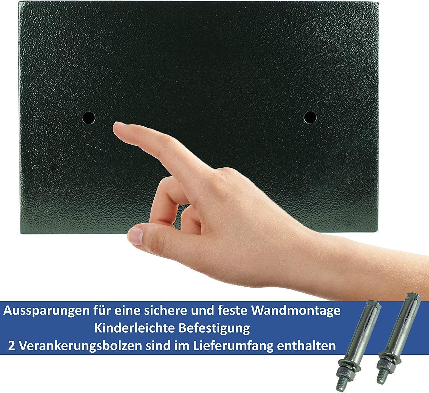 JUNG Tresor Safe elektronisch, Möbeltresor Zahlenschloß + 2 Schlüssel, Tresor (klein, kompakt, tragbar, einbaubar, Doppelstahlbolzen Sicherheitsbox für Hotel, Büro und Heim), Hotel, Wandtresor, Schrank, Safe Box Geld, Tresor für zu Hause, Code