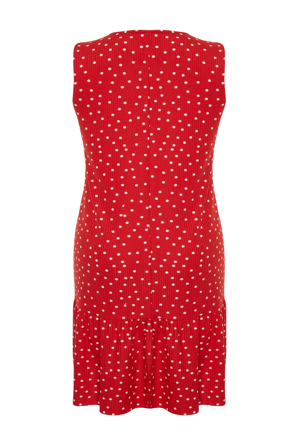 Trendyol Curve  Rotes, gepunktetes, ärmelloses, gerades Mini-Stretch-Strickkleid mit Volants und Volants TBSSS24AH00131