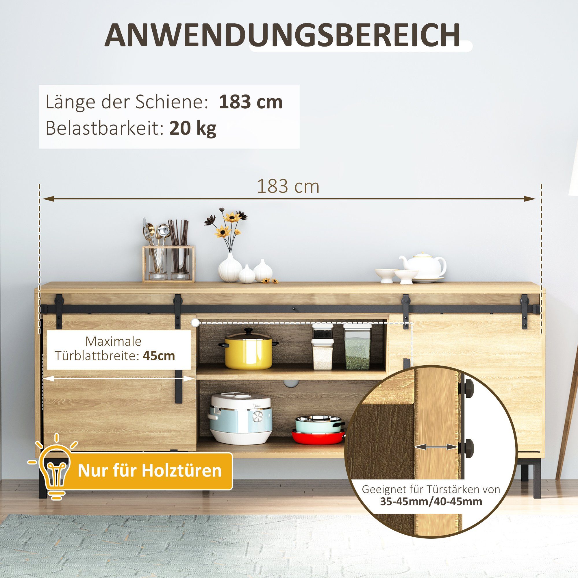 HOMCOM Türbeschlag Schiebetor (Set, 6 St., Schiebetürsystem), Laufschiene für doppelte Holztüren Kohlenstoffstahl Schwarz