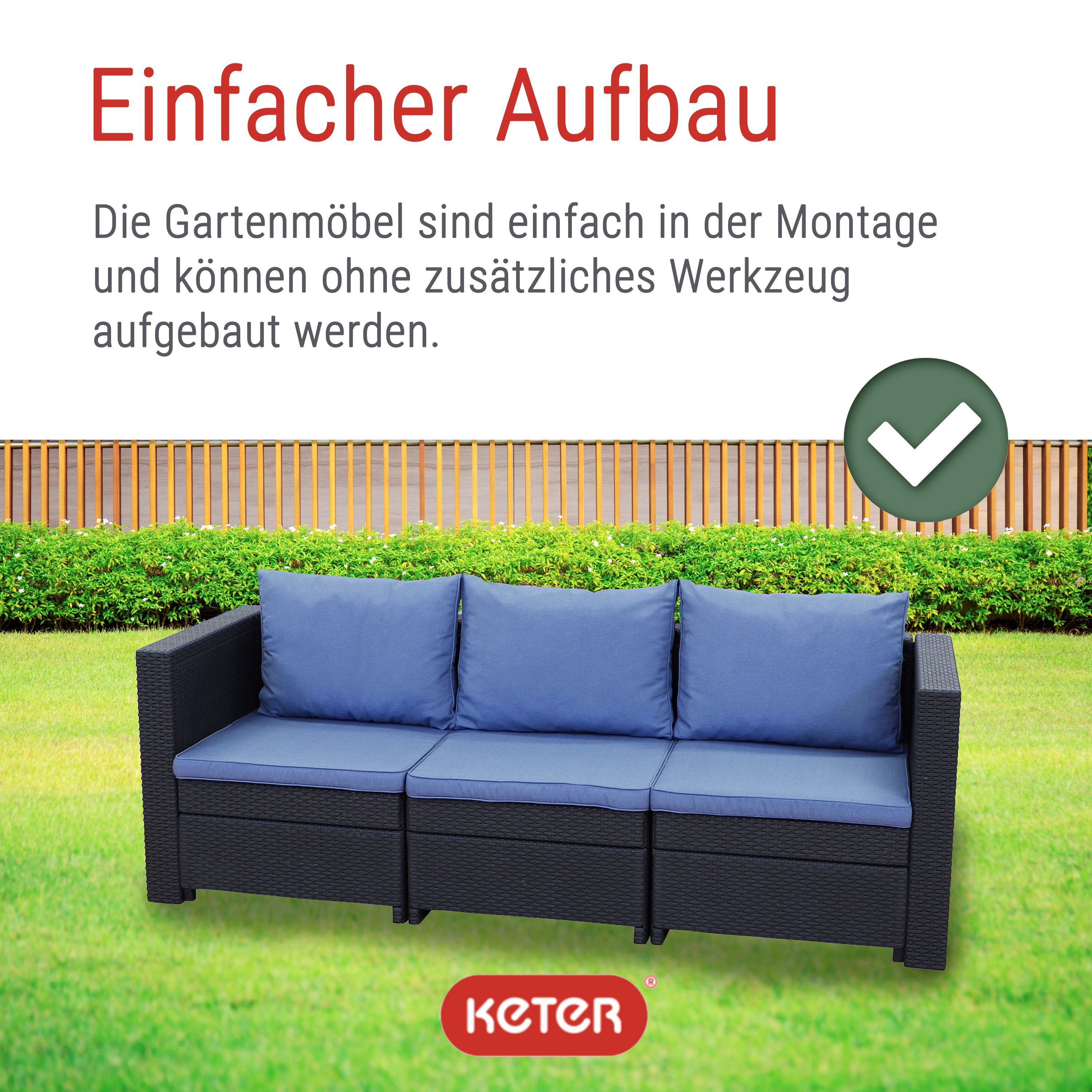 Keter Gartenlounge-Set Keter Provence 3-Sitzer Gartensofa Premium Panama anthrazit mit Kissen