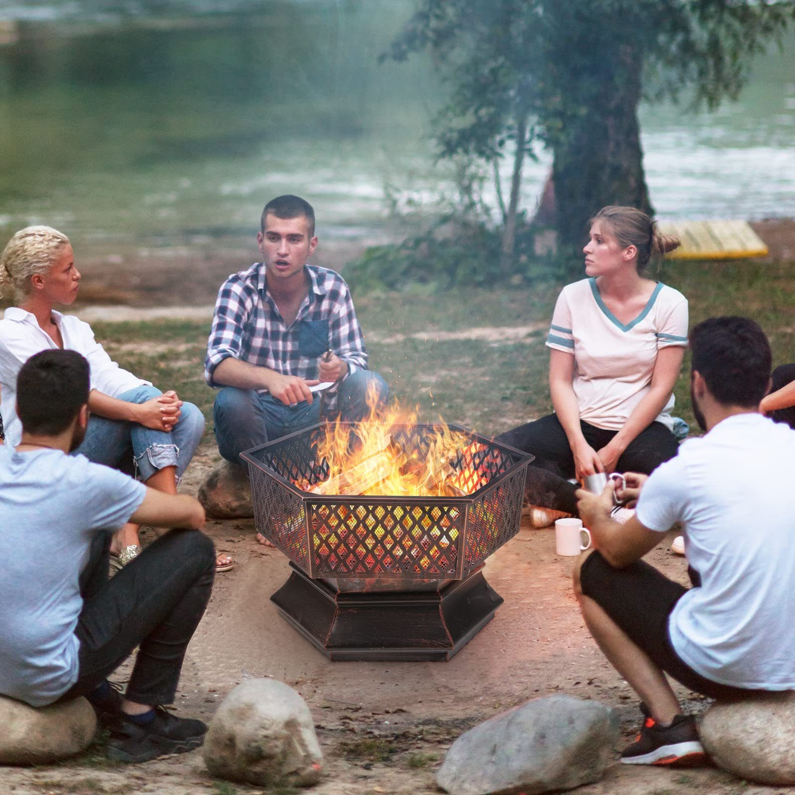 TLGREEN Feuerschale, Sechseckige Feuerstelle mit Grillrost, Feuerschalen für den Garten