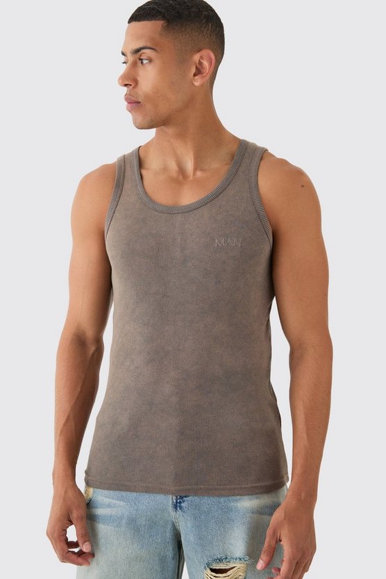 Geripptes Slim-Fit Man Tanktop mit Acid-Waschung