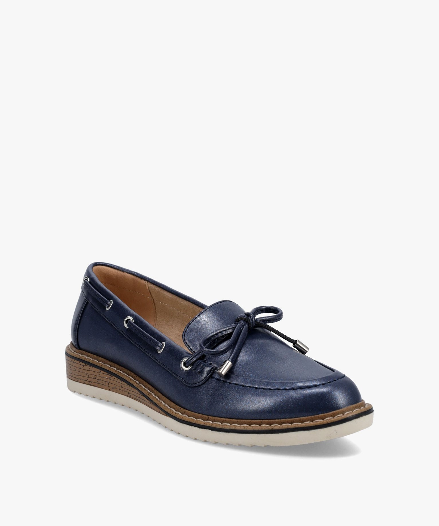 Mocassins femme unis à lacet bateau et petit talon compensé bleu | GEMO