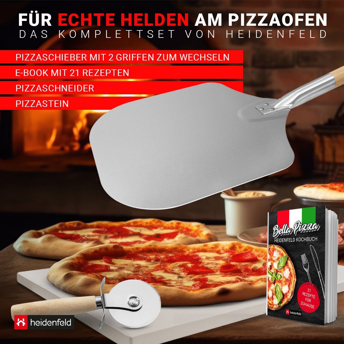Heidenfeld Pizzastein für Backofen Pizza Set 5in1 bis zu 1000 °C inkl. Rezeptbuch, Pizzastein aus Cordierit, (Pizzaschieber rechteckig mit großer Fläche, Ofen Back Zubehör, 5-St., 