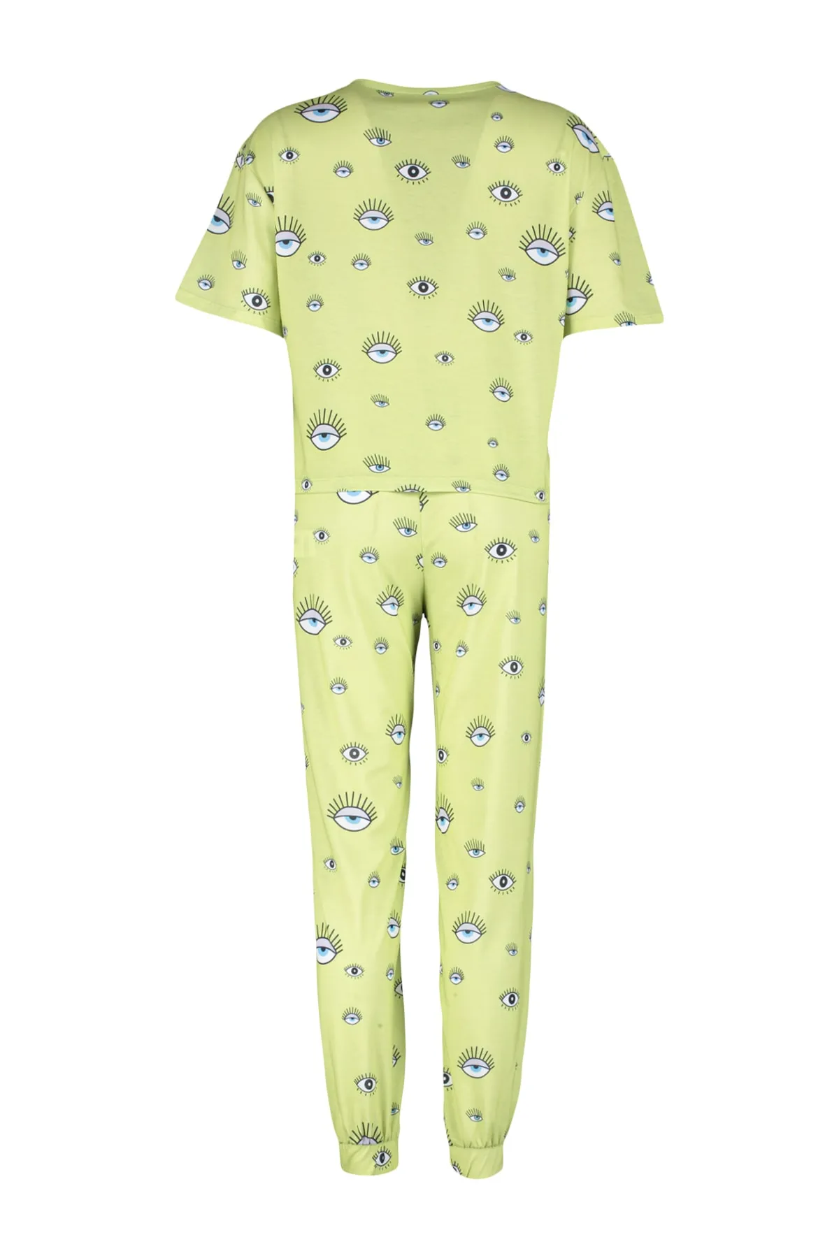 Trendyol Collection  Gestricktes Pyjama-Set mit T-Shirt und Hose mit grünem Augenmuster THMSS21PT0236