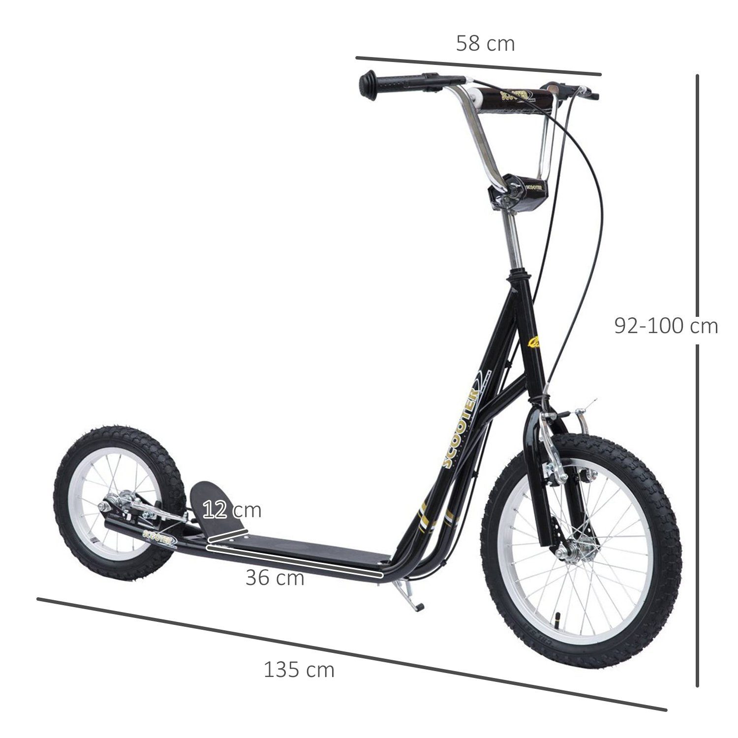 HOMCOM Scooter Kinderroller Scooter Tretroller mit Bremsen für 5+Jahre Kinder Schwarz, (1 tlg), L135 x B58 x H92-100 cm